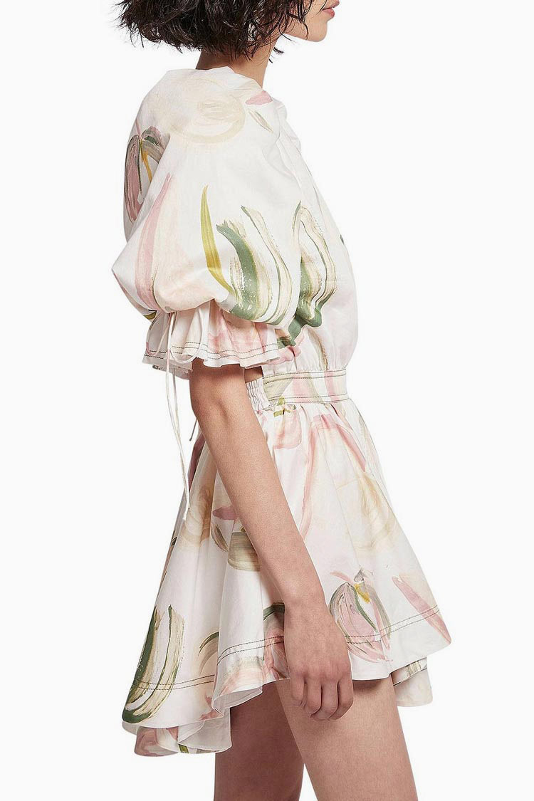 Ruffle Puff Sleeve Cutout Black Bloom Printed Mini Dress - White