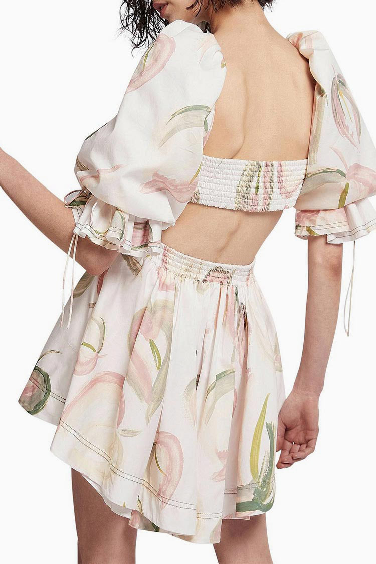 Ruffle Puff Sleeve Cutout Black Bloom Printed Mini Dress - White
