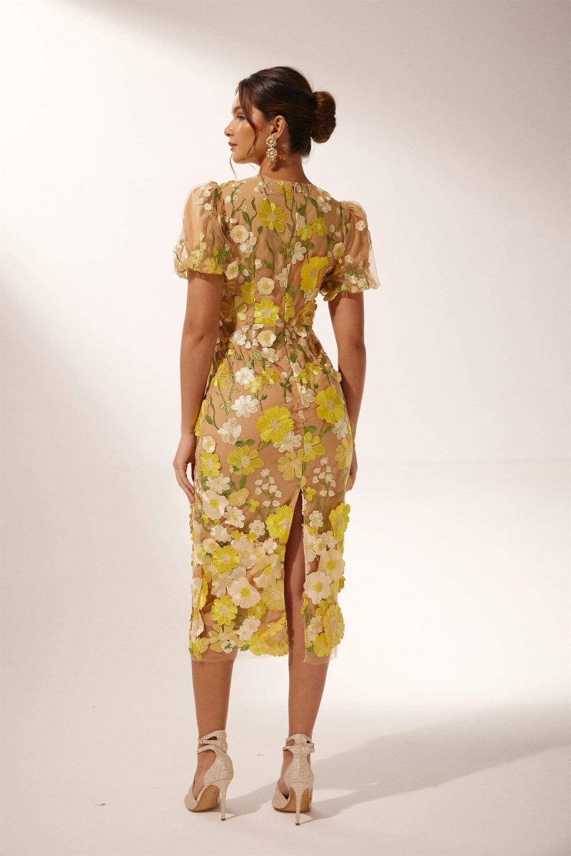 Tania Minimalist V Neck Flower Midi Dress Boutique Collection