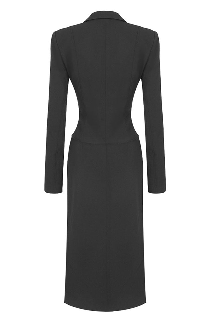 Buckled Sculptural Front Long Sleeve Cutout Blazer Two Piece Midi Dress - Black