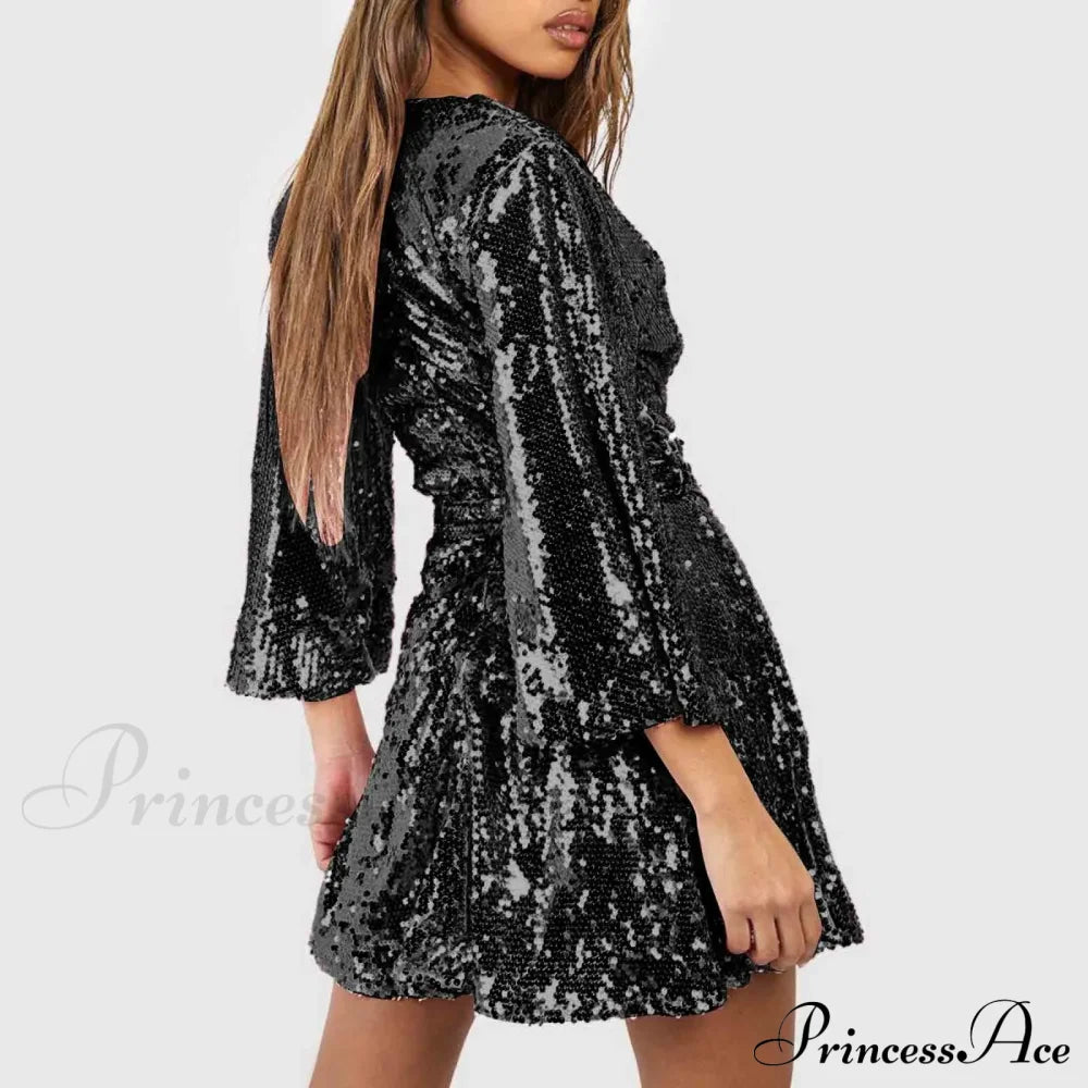Sequin V Neck Gold Party Evening Long Ball Sexy Gown Women Prom Bridesmaid Graceful High Waist Dress