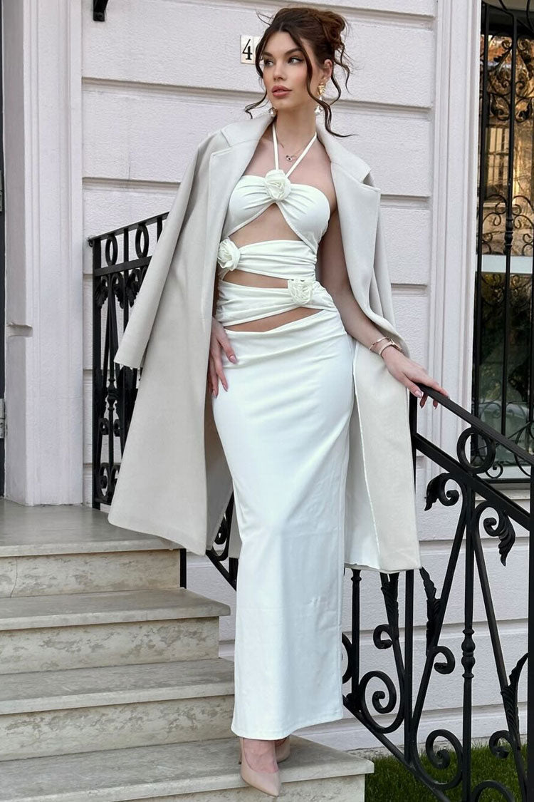 Stylish 3D Flower Trim Halter Neck Cutout Ruched Formal Maxi Dress - White