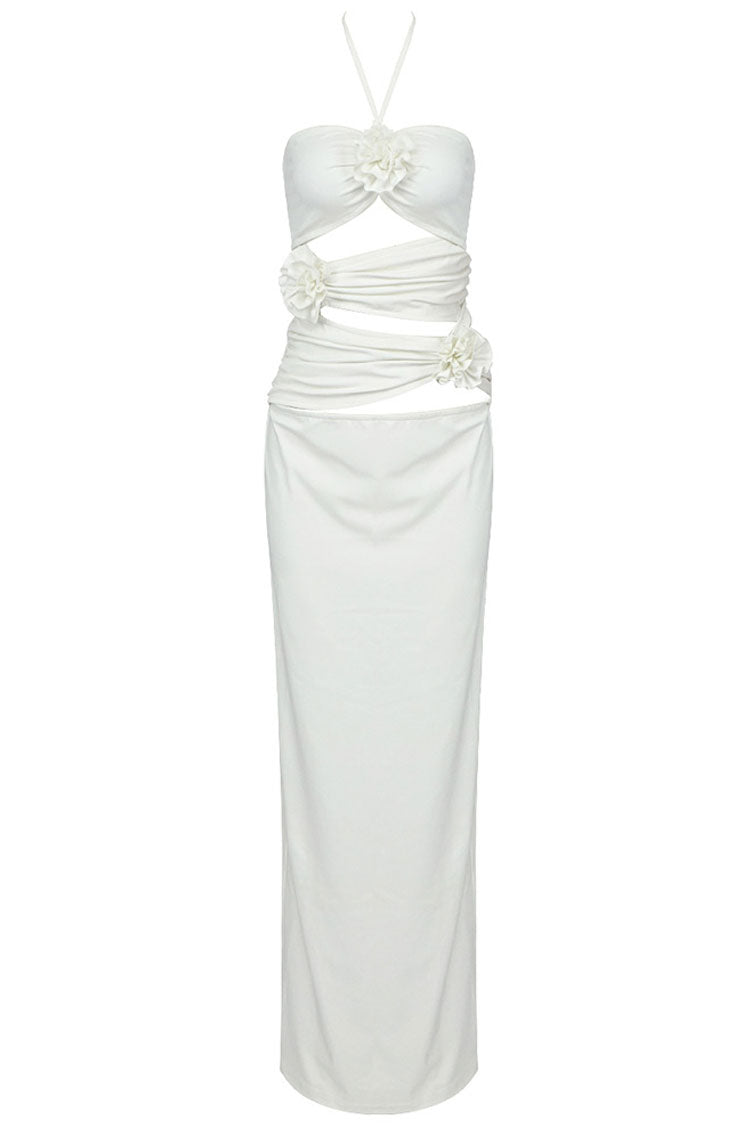 Stylish 3D Flower Trim Halter Neck Cutout Ruched Formal Maxi Dress - White