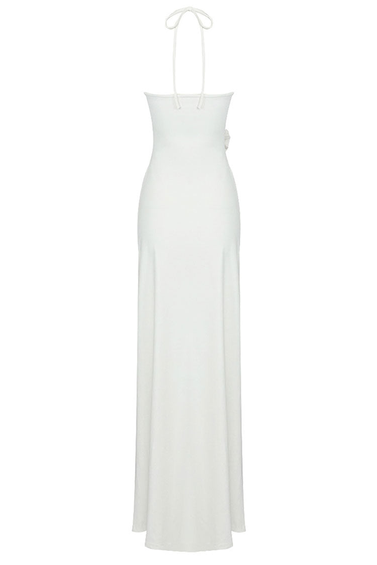 Stylish 3D Flower Trim Halter Neck Cutout Ruched Formal Maxi Dress - White