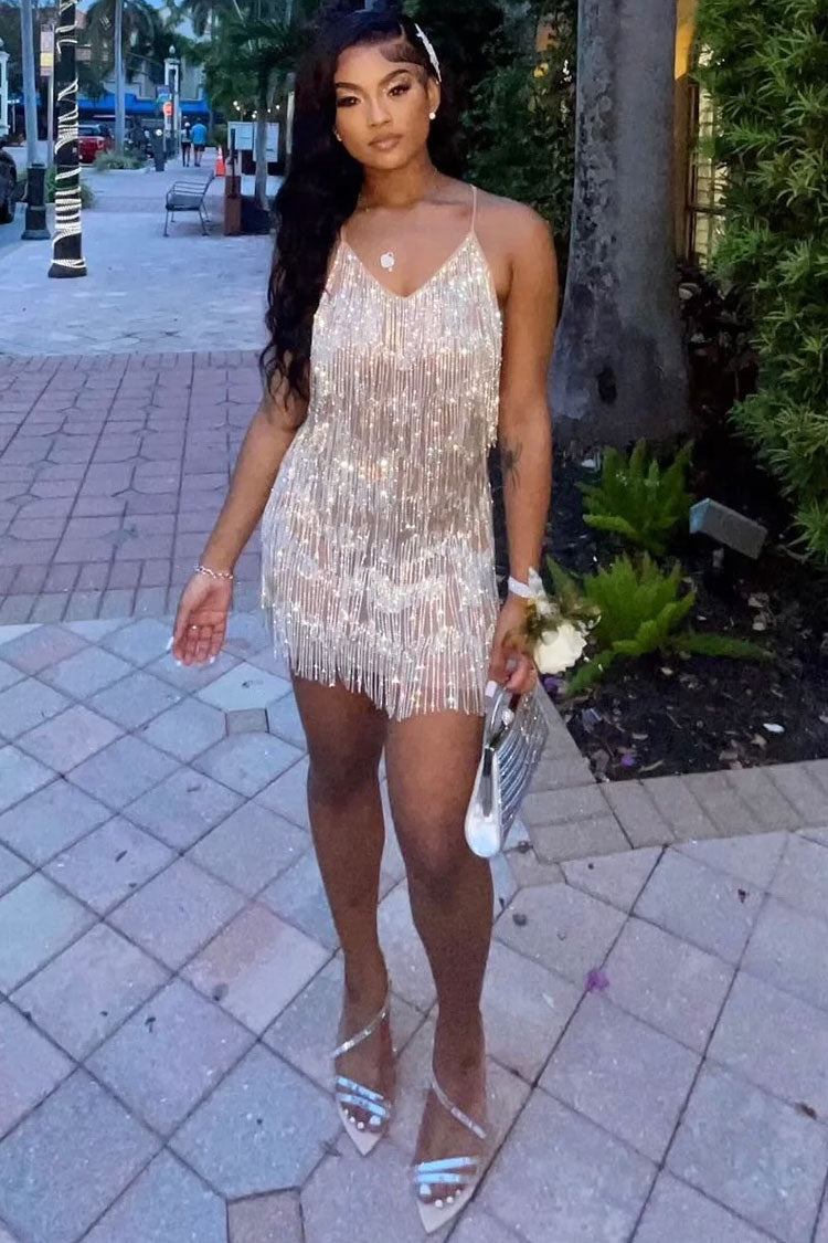 Alluring Backless Deep V Rhinestone Fringe Sheer Mesh Party Mini Dress - Silver
