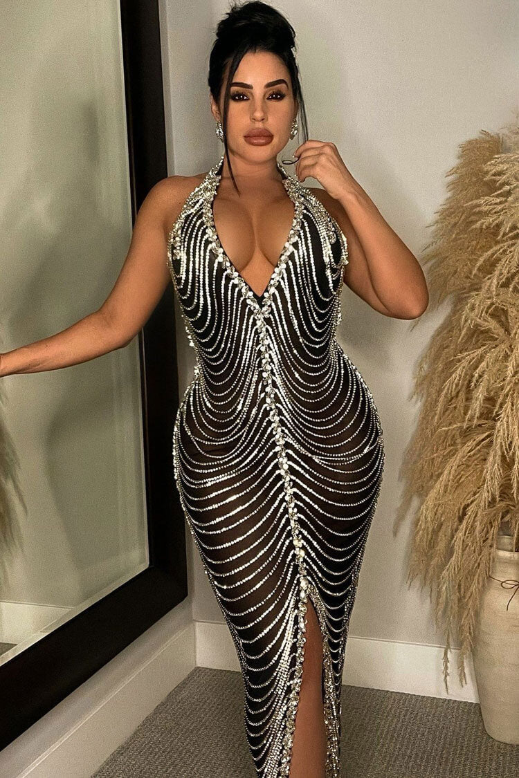 Chic Backless Halter Sheer Mesh Rhinestone Chain Fringe Cocktail Midi Dress - Black