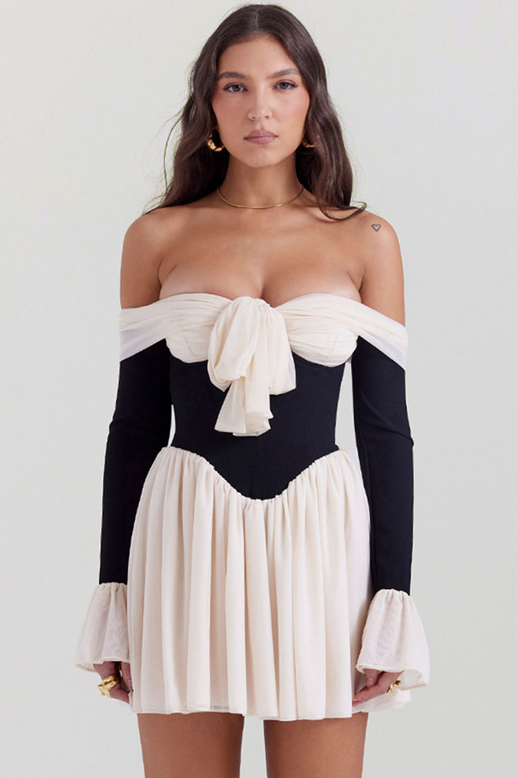 Chic Bow Tie Off Shoulder Long Sleeve Drop Waist Mesh Panel Party Mini Dress - Black