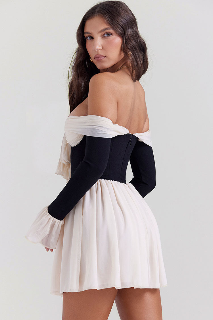 Chic Bow Tie Off Shoulder Long Sleeve Drop Waist Mesh Panel Party Mini Dress - Black