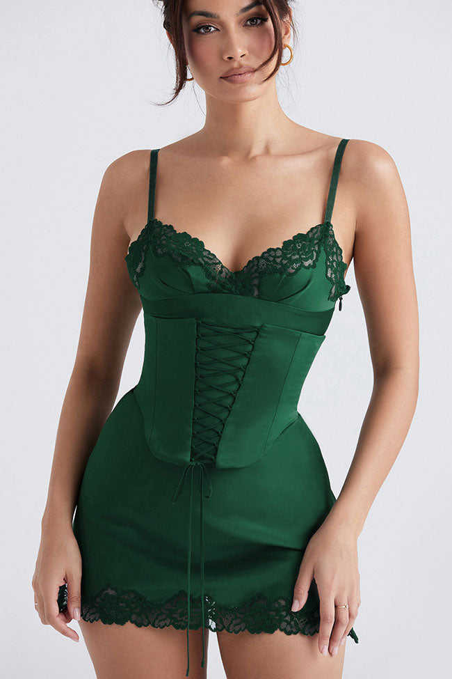 Alluring Club Lace Up Belt V Neck Lace Satin Slip Mini Dress - Emerald Green