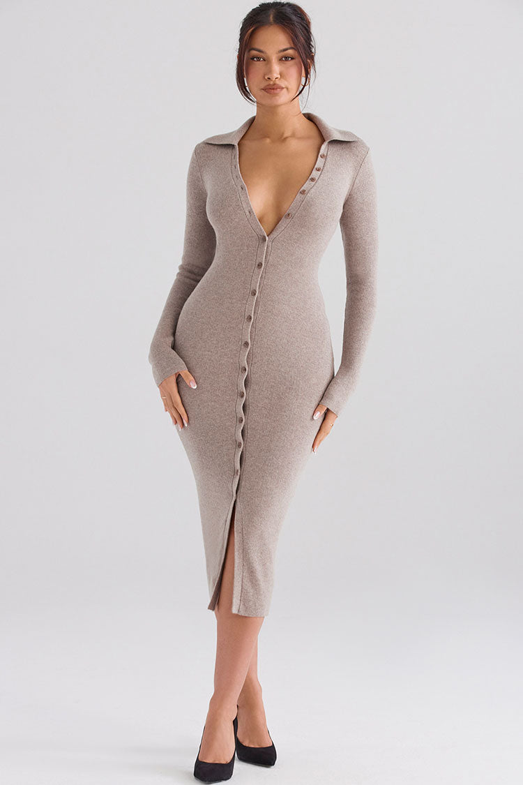 Chic Collared Button Down Long Sleeve Bodycon Rib Knit Sweater Midi Dress - Camel