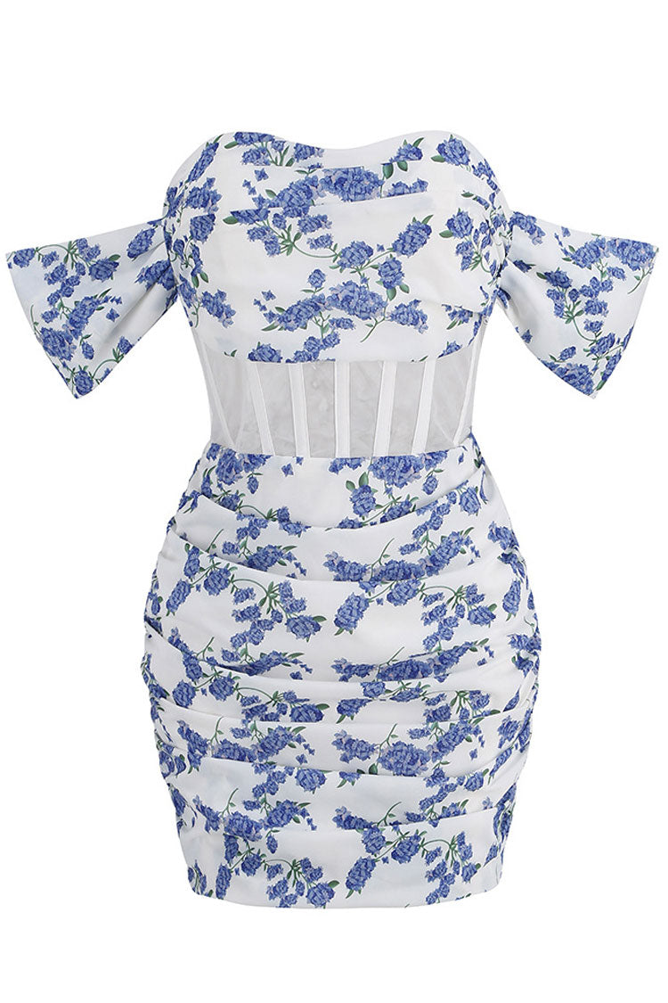 Sexy Cowl Neck Off Shoulder Sheer Corset Lace Up Ruched Flower Party Mini Dress - Blue