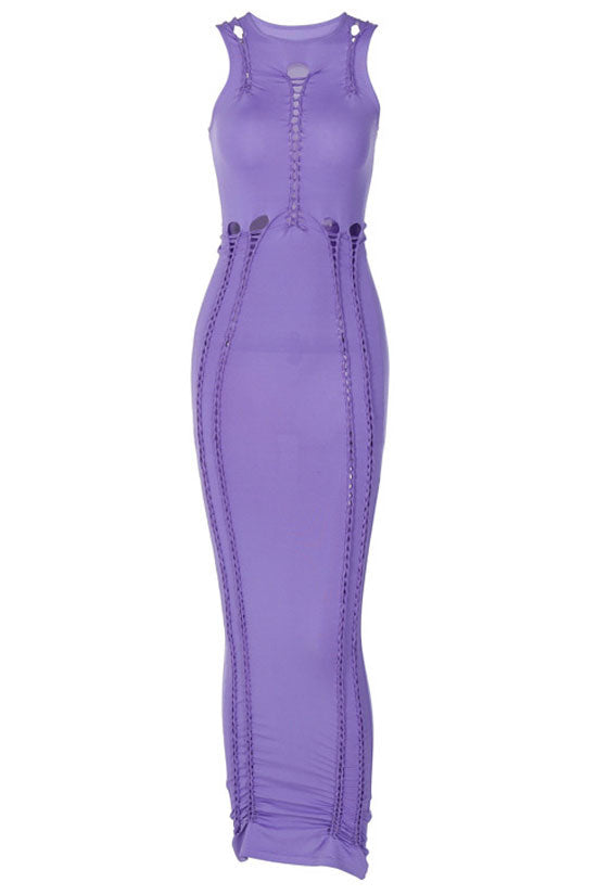 Chic Crew Neck Braided Cutout Sleeveless Bodycon Cocktail Midi Dress - Purple