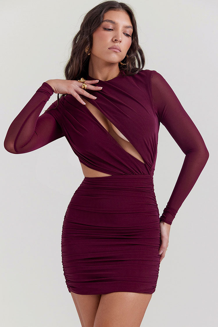 Attractive Crew Neck Cutout Long Sleeve Ruched Party Mini Dress - Burgundy