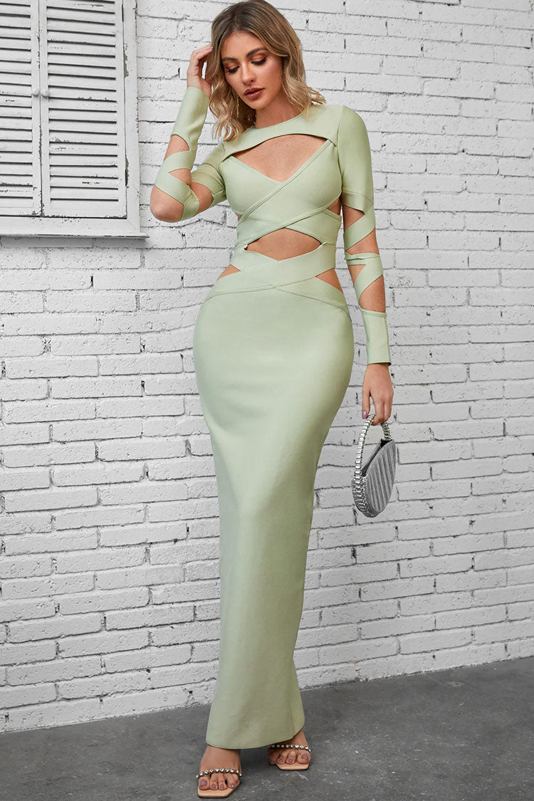 Alluring Crew Neck Long Sleeve Bandage Cutout Evening Maxi Dress - Light Green