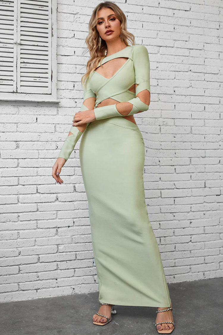 Alluring Crew Neck Long Sleeve Bandage Cutout Evening Maxi Dress - Light Green
