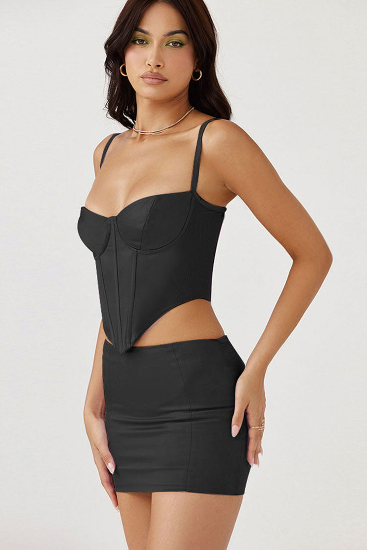 Alluring Crop Bustier Satin Top Low Waist Two Piece Mini Dress - Black
