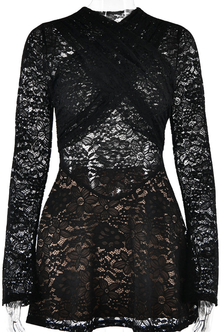 Attractive Cross Front Semi Sheer Long Sleeve Lace Party Mini Dress - Black