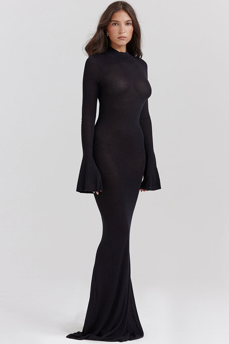 Alluring Cutout Back Mock Neck Bell Sleeve Fishtail Evening Maxi Dress - Black