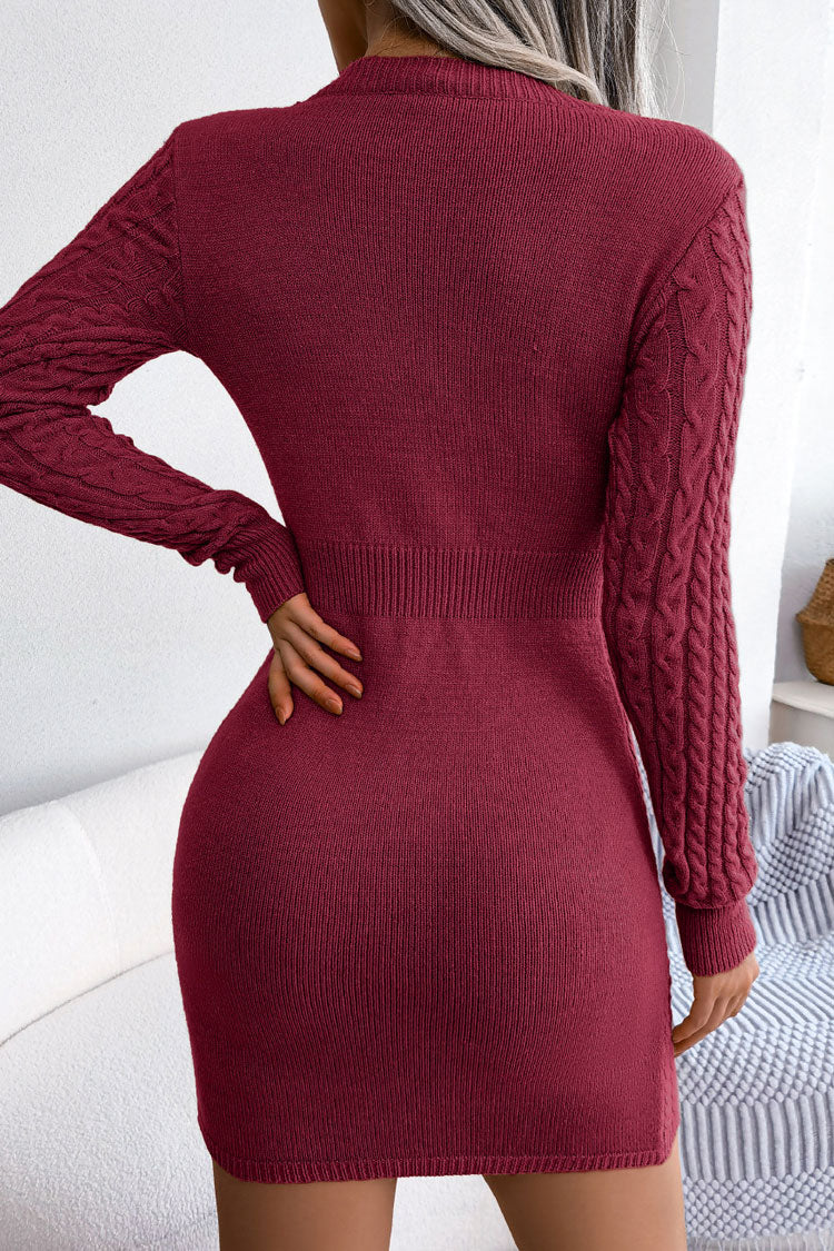 Chic Cutout Fisherman Cable Knit Bodycon Sweater Mini Dress - Burgundy