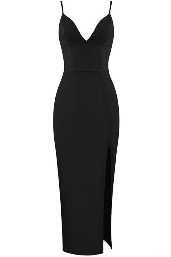 Alluring Deep V High Slit Sleeveless Bandage Cocktail Party Maxi Dress - Black