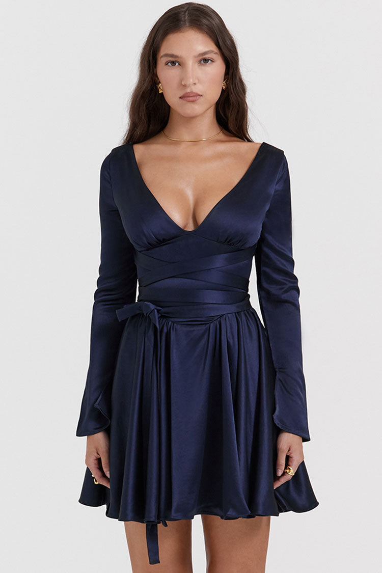 Chic Deep V Long Sleeve Wrap Tie Waist Silky Satin Party Mini Dress - Navy Blue