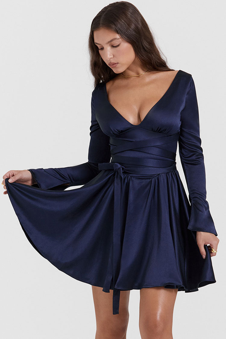 Chic Deep V Long Sleeve Wrap Tie Waist Silky Satin Party Mini Dress - Navy Blue