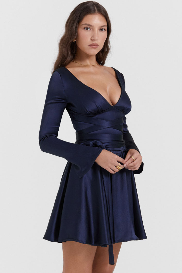 Chic Deep V Long Sleeve Wrap Tie Waist Silky Satin Party Mini Dress - Navy Blue