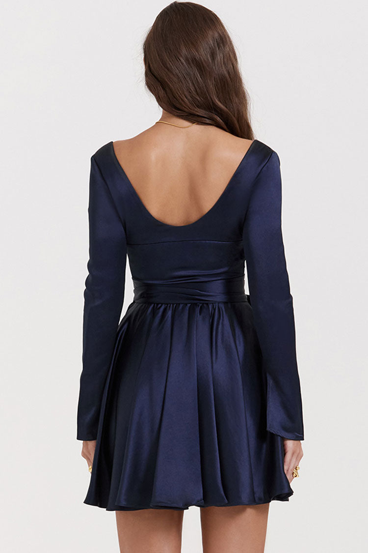 Chic Deep V Long Sleeve Wrap Tie Waist Silky Satin Party Mini Dress - Navy Blue