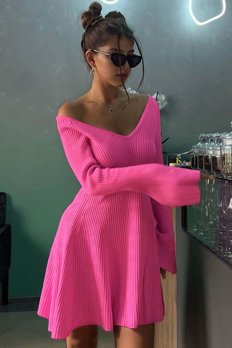 Attractive Deep V Neck Long Sleeve A Line Ribbed Knit Winter Party Mini Dress - Hot Pink