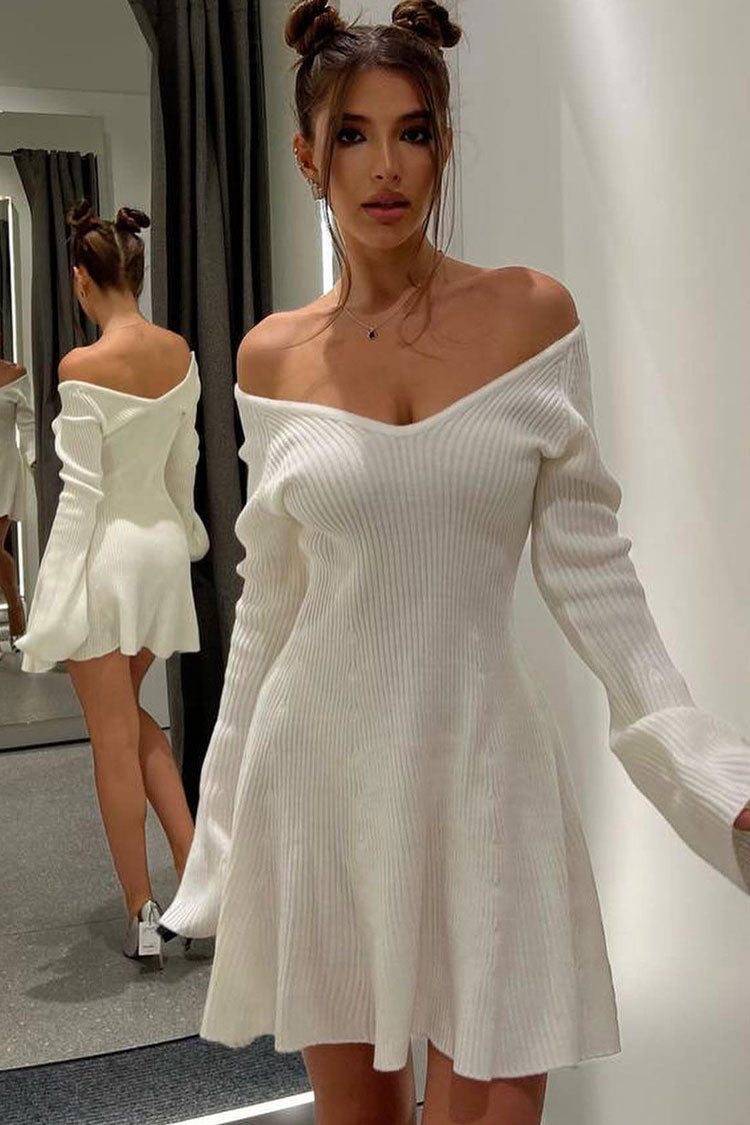 Chic Deep V Neck Long Sleeve A Line Ribbed Knit Winter Party Mini Dress - White