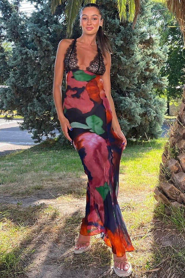 Stylish Deep V Printed Lace Chiffon Sheer Fishtail Slip Maxi Dress - Multicolor