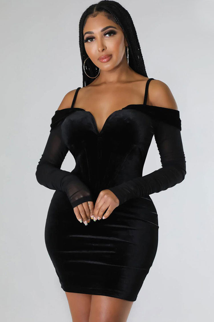 Chic Deep V Sheer Sleeve Velvet Bodycon Corset Party Mini Dress - Black