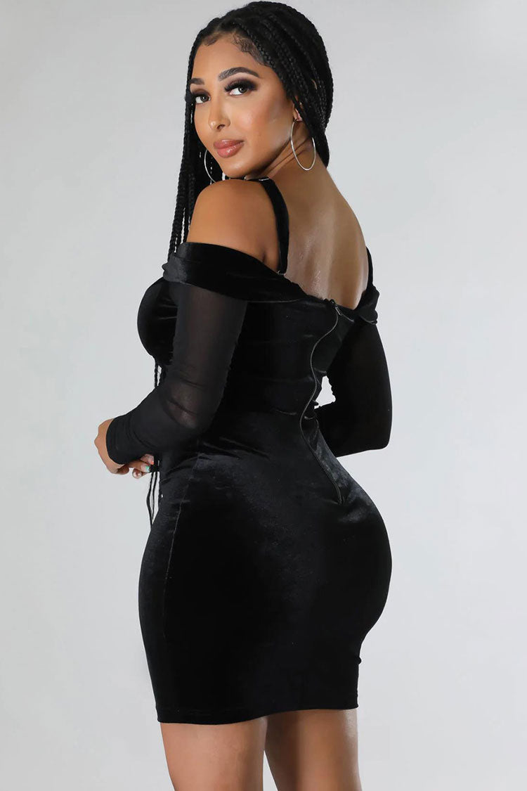 Chic Deep V Sheer Sleeve Velvet Bodycon Corset Party Mini Dress - Black