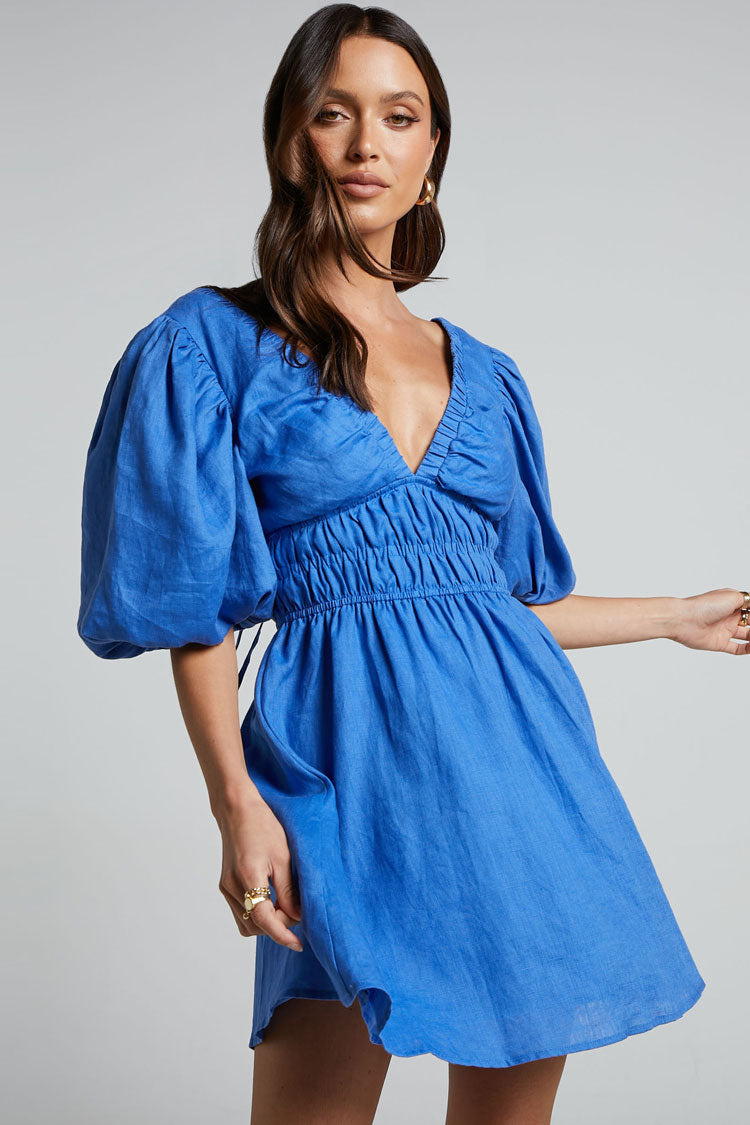 Chic Deep V Tie Back Puff Sleeve Smocked Waist Summer Mini Dress - Blue