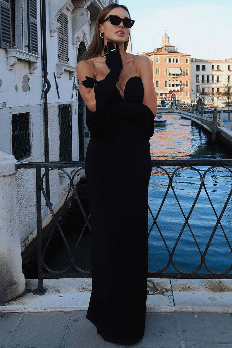 Alluring Diva Deep V Gloved Draped Sleeve Strapless Jersey Evening Maxi Dress - Black