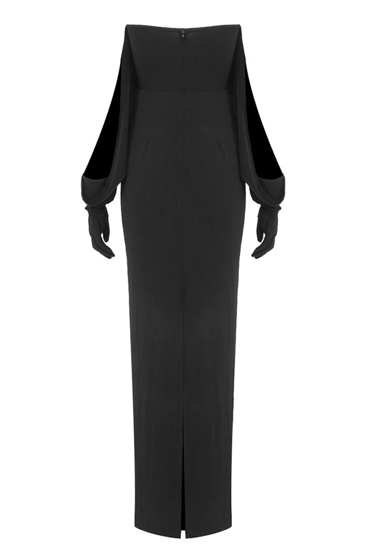 Alluring Diva Deep V Gloved Draped Sleeve Strapless Jersey Evening Maxi Dress - Black
