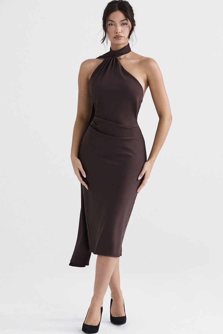 Chic Draped Backless Wrap Halter Tie Satin Midi Dress - Chocolate