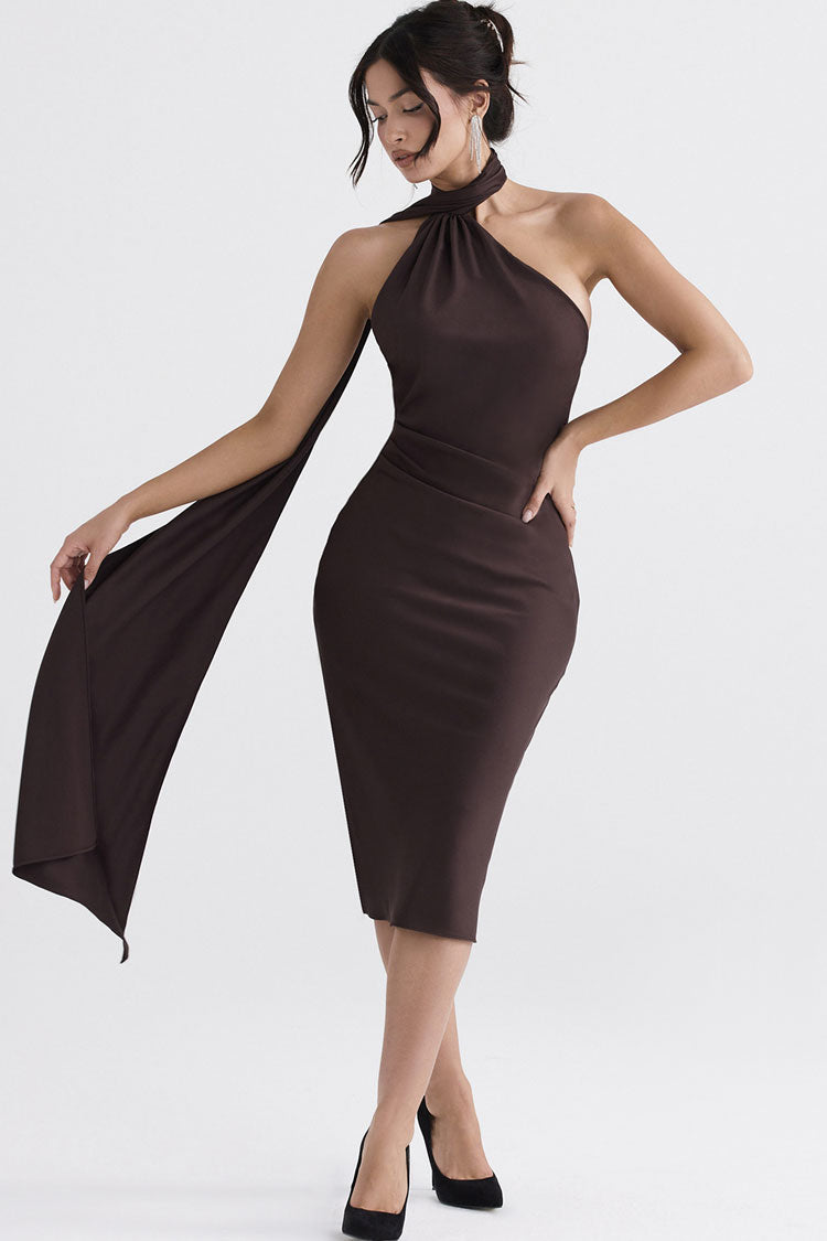 Chic Draped Backless Wrap Halter Tie Satin Midi Dress - Chocolate