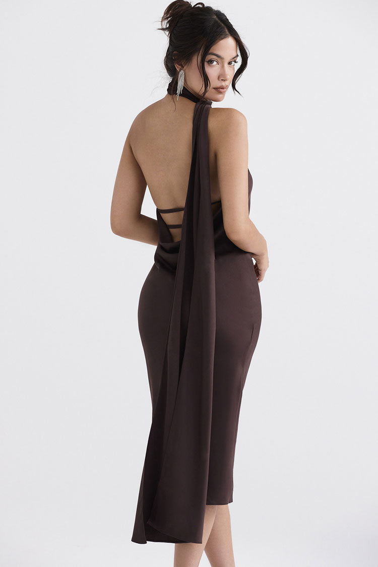 Chic Draped Backless Wrap Halter Tie Satin Midi Dress - Chocolate