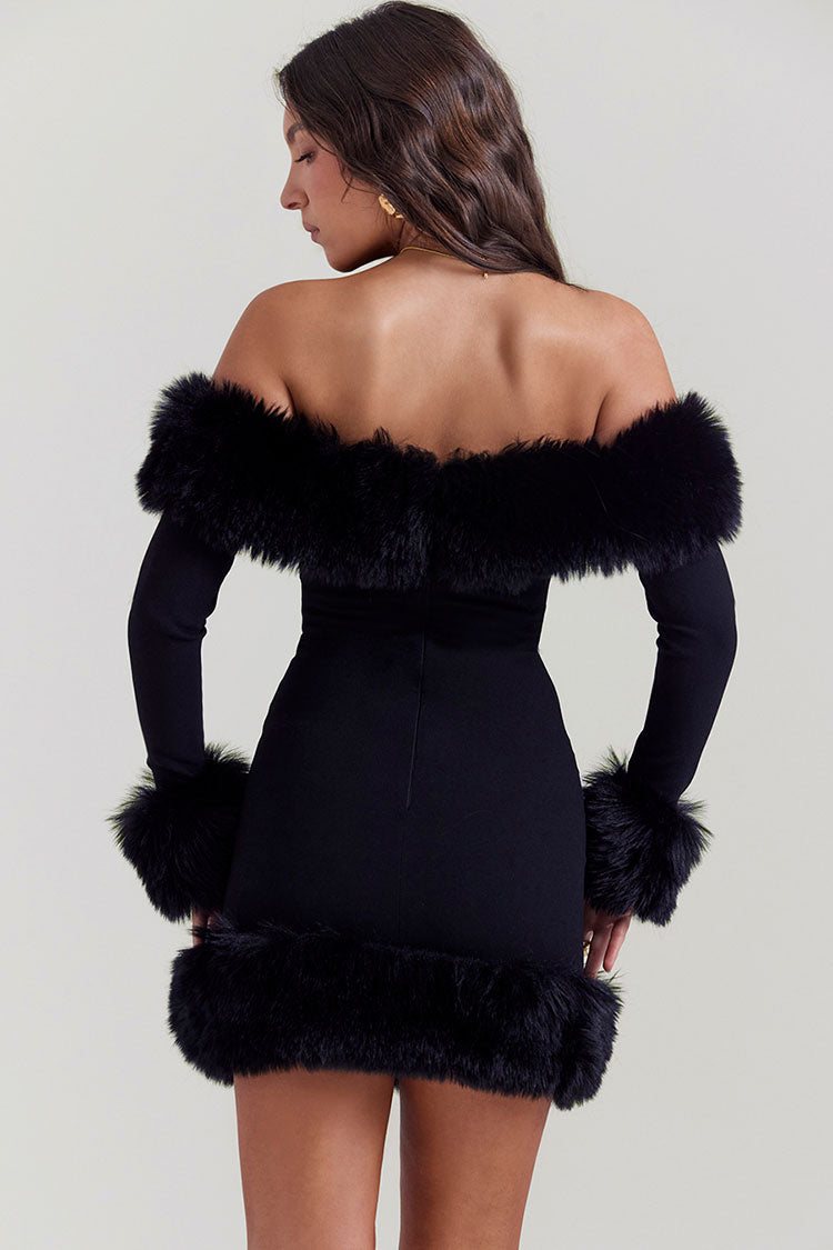 Alluring Faux Fur Off The Shoulder Long Sleeve Winter Bodycon Party Mini Dress - Black