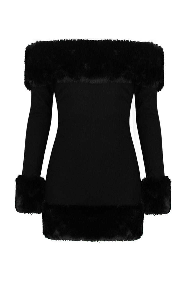 Alluring Faux Fur Off The Shoulder Long Sleeve Winter Bodycon Party Mini Dress - Black