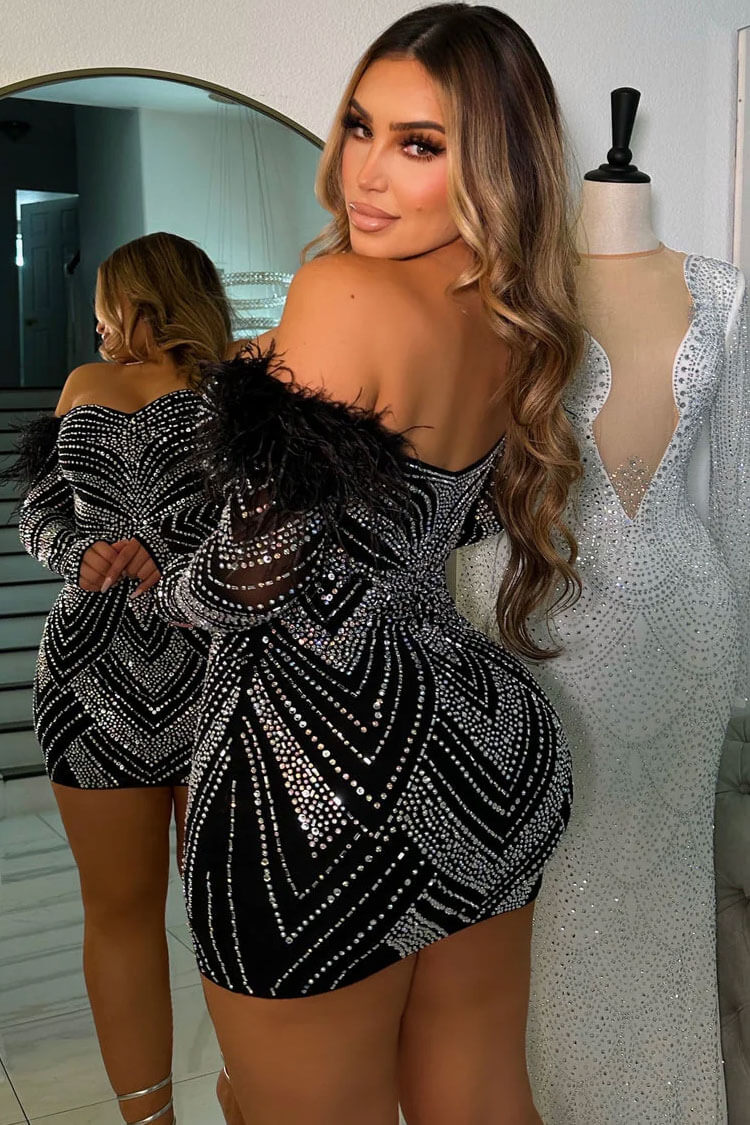 Chic Feather Trim Off Shoulder Rhinestone Bodycon Party Mini Dress - Black