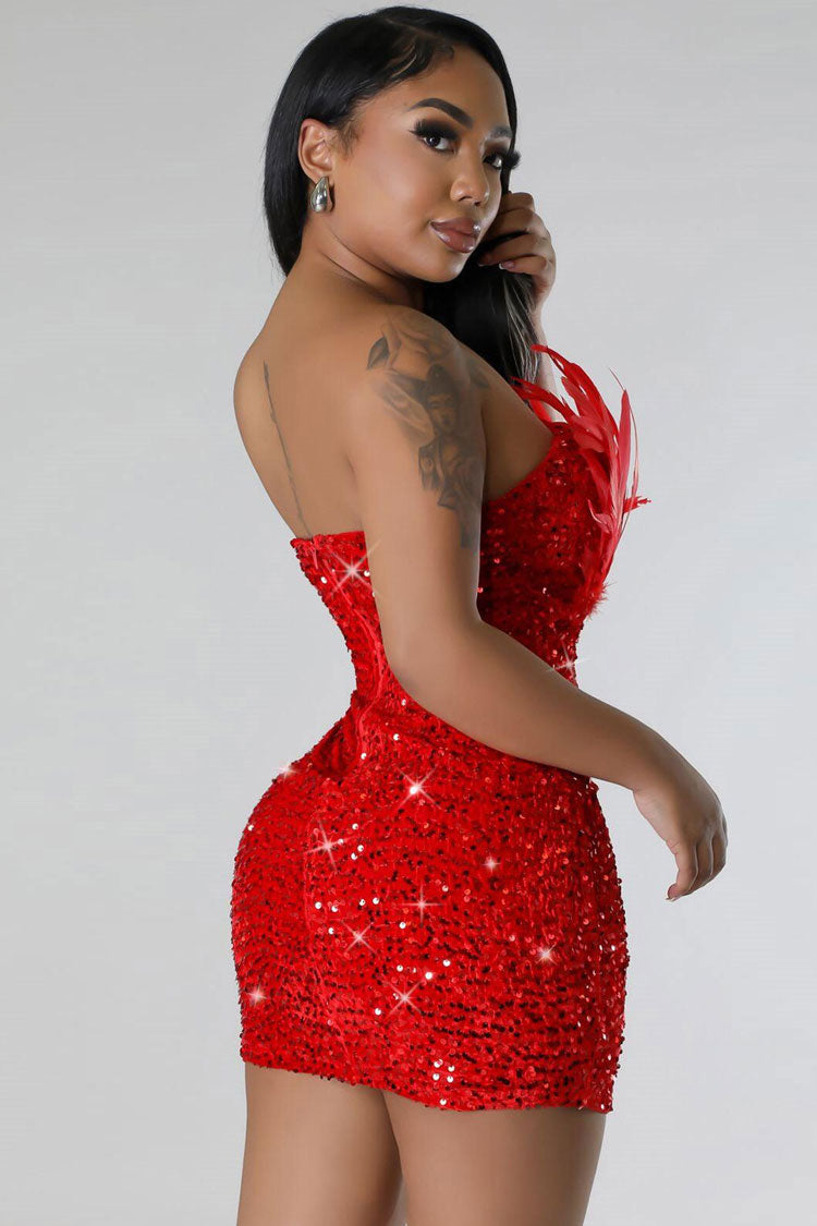 Attractive Feather Trim Strapless Bodycon Velvet Sequin Party Mini Dress - Red