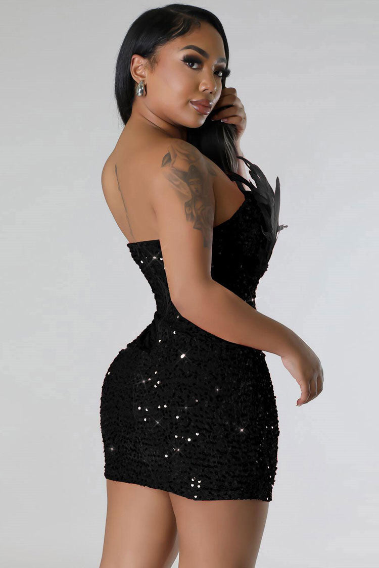 Chic Feather Trim Strapless Bodycon Velvet Sequin Party Mini Dress - Black
