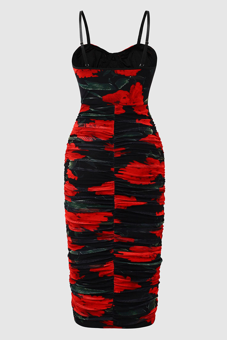 Sexy Bloom Printed Mesh Ruched Bodycon Cocktail Party Midi Dress - Black
