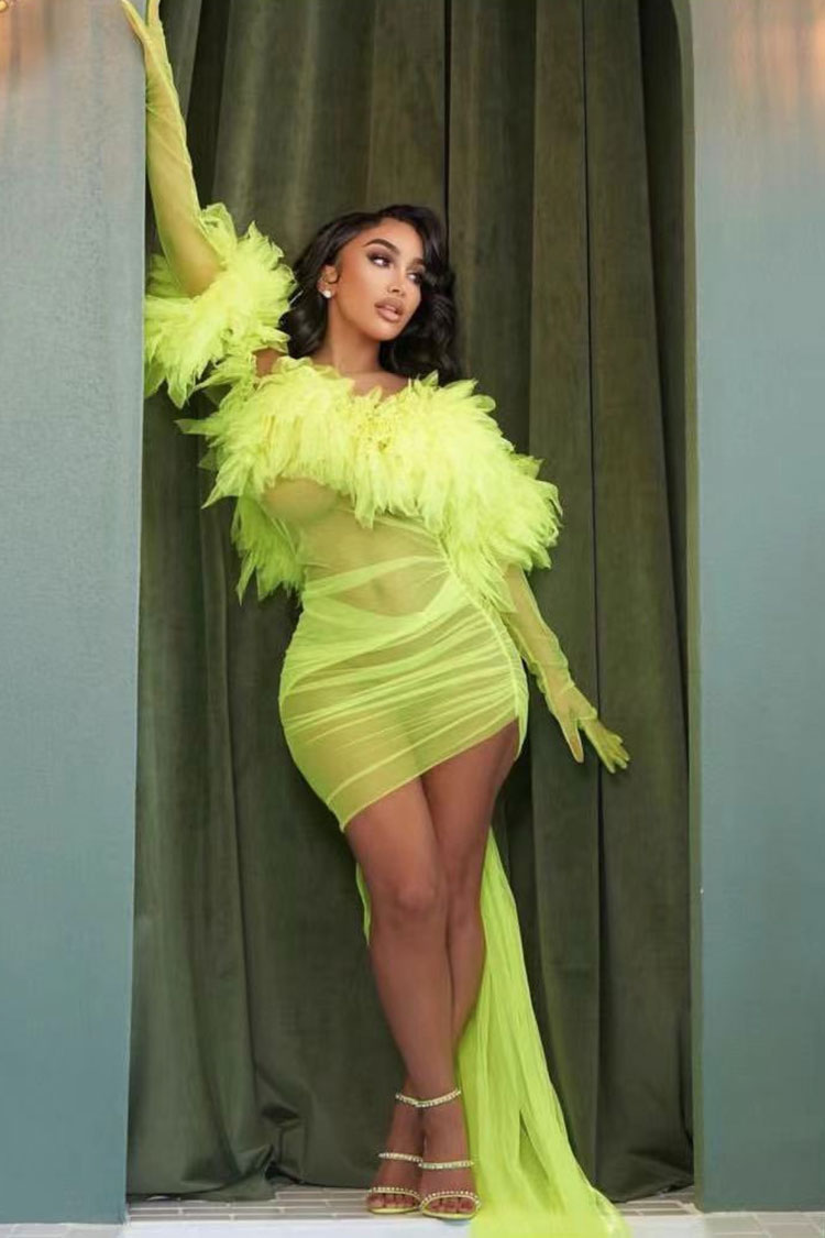 Alluring Gloved Ruffle Off Shoulder Draped Sheer Ruched Mesh Mini Dress - Neon Yellow