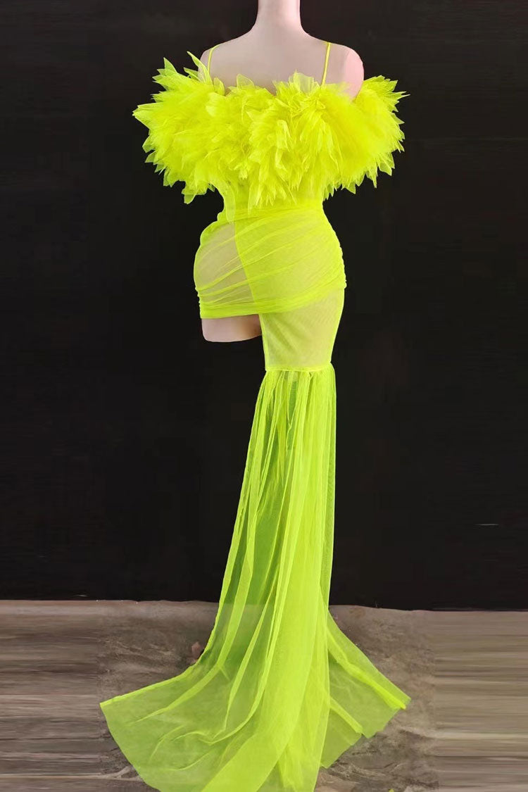 Alluring Gloved Ruffle Off Shoulder Draped Sheer Ruched Mesh Mini Dress - Neon Yellow