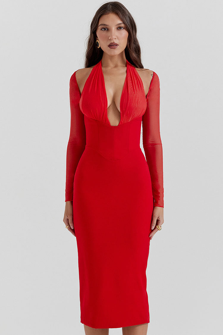 Chic Halter Deep V Cold Shoulder Long Sleeve Bodycon Cocktail Party Midi Dress - Red