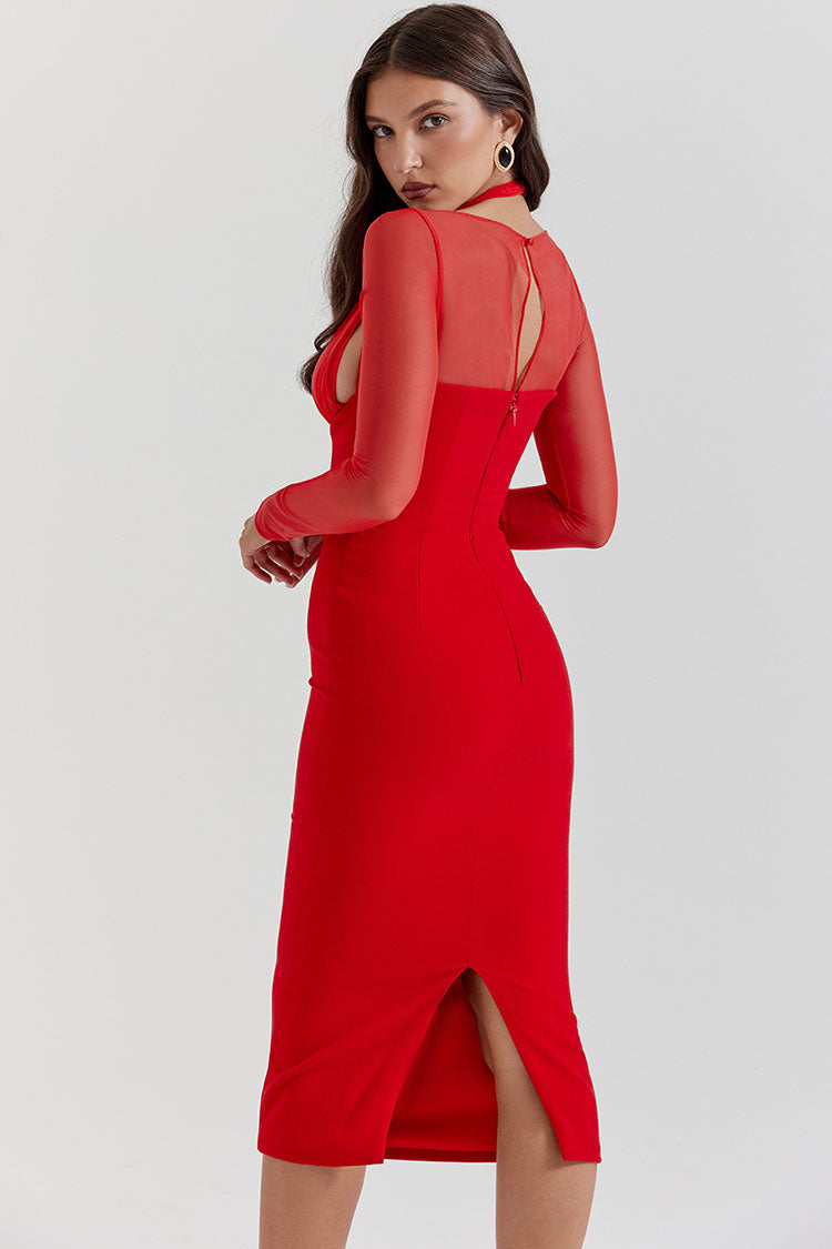 Chic Halter Deep V Cold Shoulder Long Sleeve Bodycon Cocktail Party Midi Dress - Red