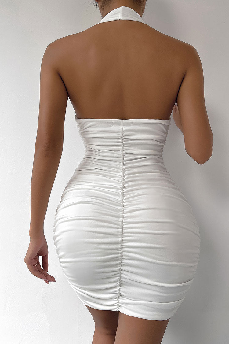 Chic Halter Deep V Ruched Sleeveless Bodycon Party Mini Dress - White